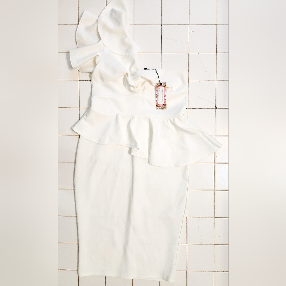 Boohoo Cream One Shoulder Peplum Dress